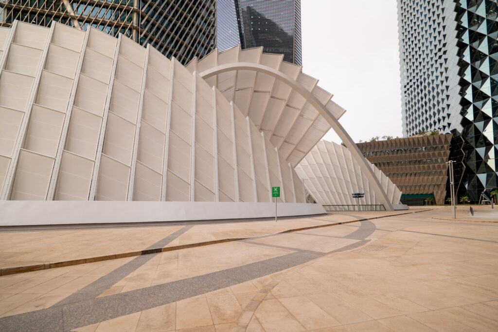 Futuristic wave-shaped facade.